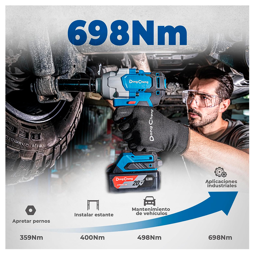 Llave de Impacto Industrial Inalambrica 1/2" Dongcheng DCPB698FK 20V 698Nm 2Bat x 5Ah Brushless - Imagen 4