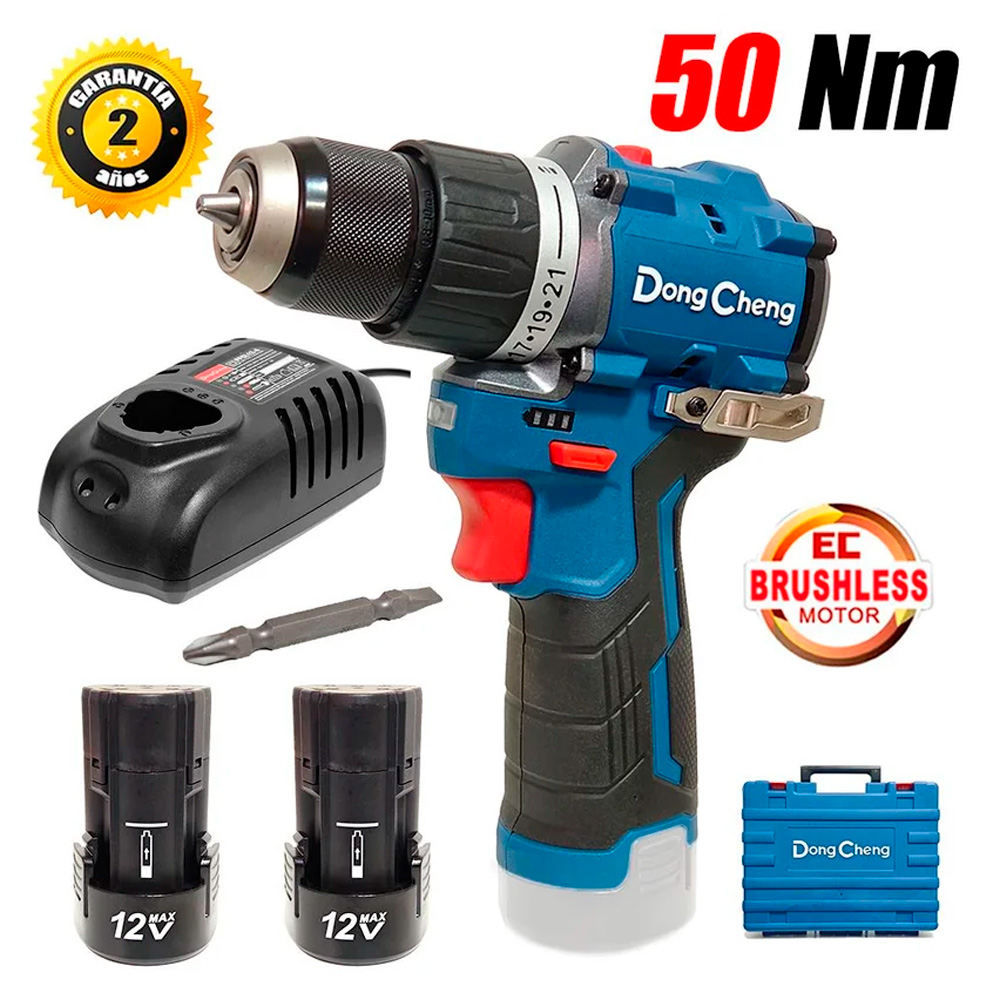Taladro Atornillador Percutor 3/8″ Dongcheng DCJZ1250iEK 12V 50Nm 2Bat x 2Ah Brushless